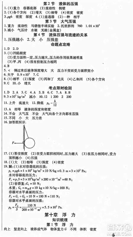 云南美术出版社2021本土假期总复习暑假八年级物理人教版参考答案