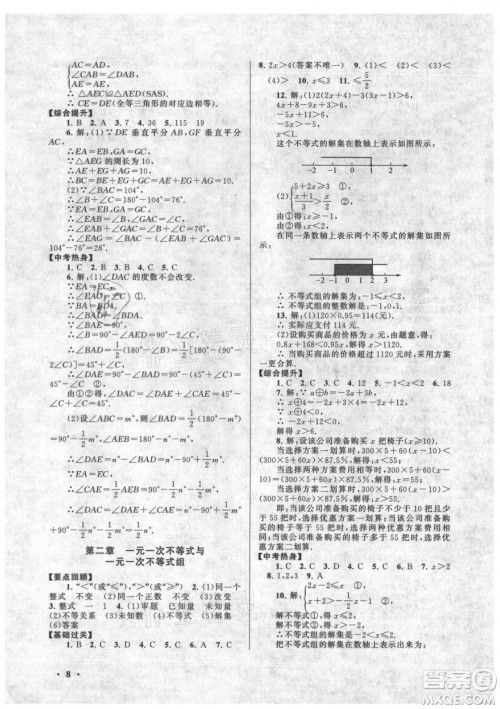 安徽人民出版社2022暑假大串联数学八年级北京师范教材适用答案