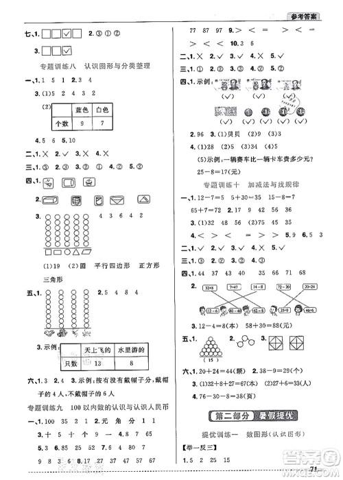 江西教育出版社2021阳光同学暑假衔接1升2年级数学人教版答案