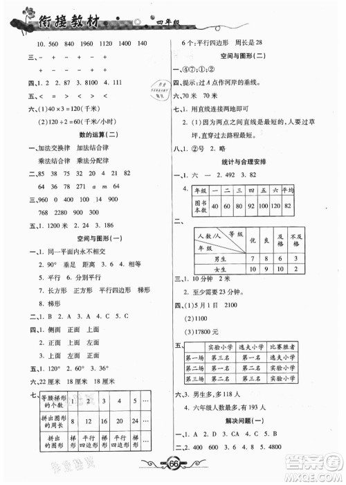 吉林教育出版社2021教材首选衔接教材年度复习四年级数学答案