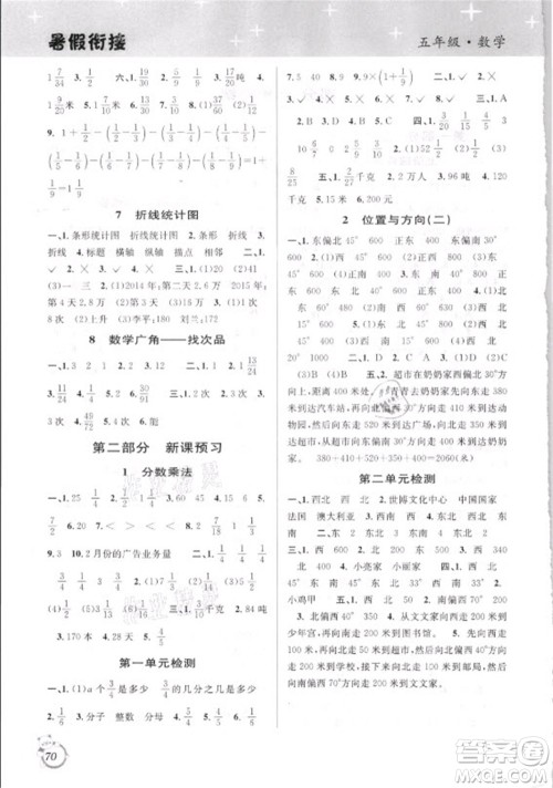 安徽人民出版社2021第三学期暑假衔接数学五年级人教版答案