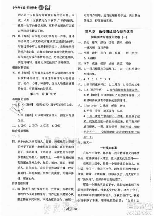 河北教育出版社2021小学升年级衔接教材2升3年级语文答案