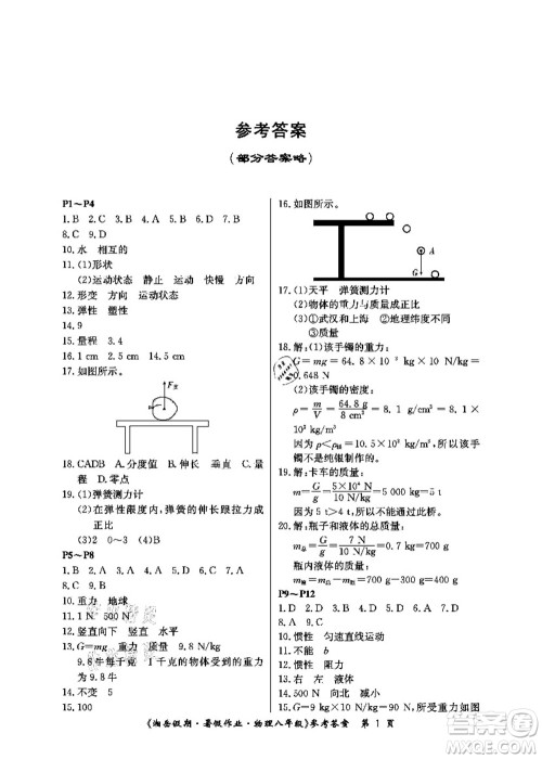 湖南大学出版社2021湘岳假期暑假作业八年级物理第四版人教版答案