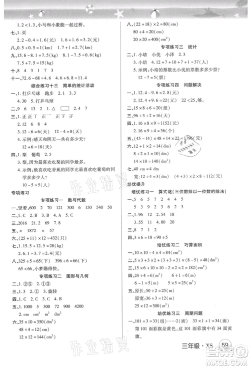 武汉大学出版社2021培优小状元暑假作业三年级数学西师大版参考答案