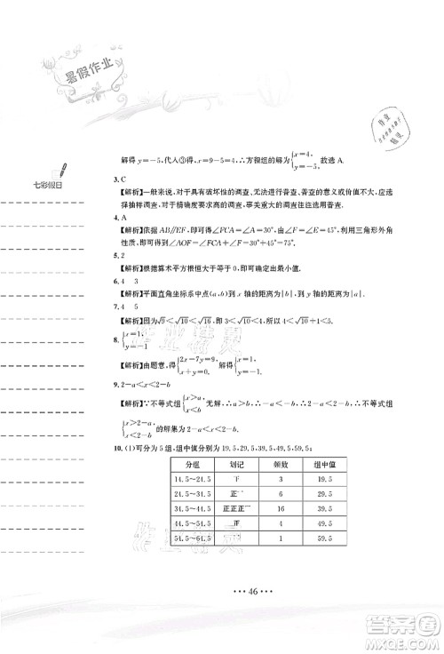 安徽教育出版社2021暑假作业七年级数学人教版答案