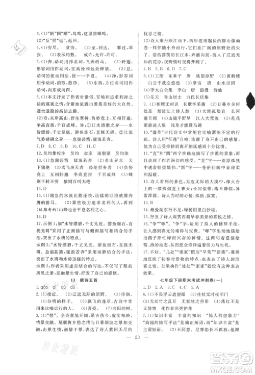 希望出版社2021暑假训练营学年总复习七年级语文人教版参考答案 希望出版社2021暑假训练营学年总复习七年级语文人教版参考答案