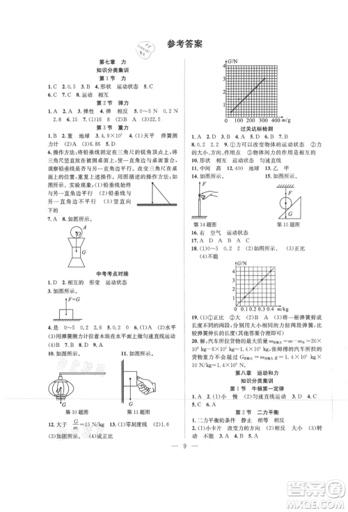 希望出版社2021暑假训练营学年总复习八年级物理人教版参考答案