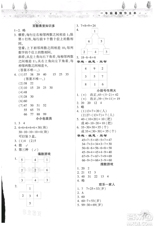 希望出版社2021暑假作业本天天练小学一年级数学人教版参考答案