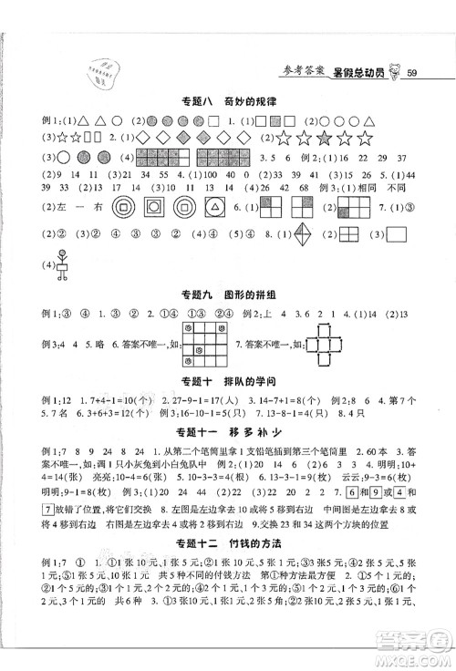 宁夏人民教育出版社2021经纶学典暑假总动员一年级数学江苏国标版答案