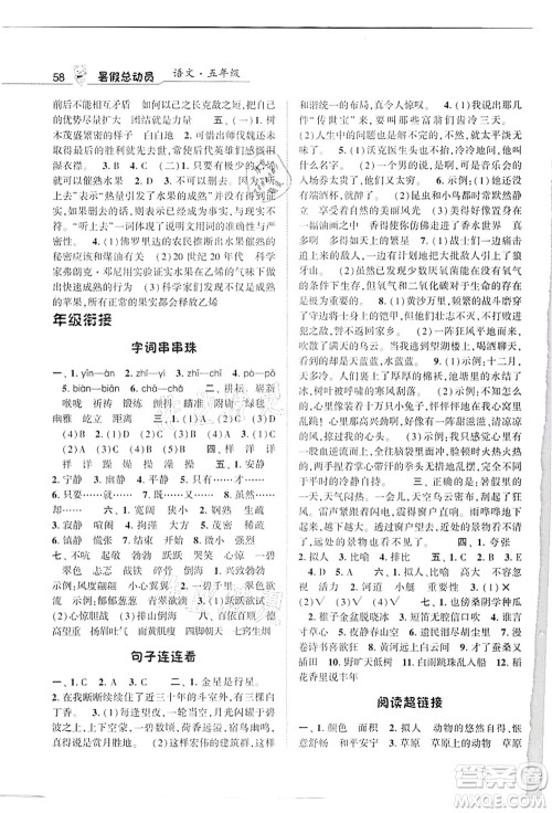 宁夏人民教育出版社2021经纶学典暑假总动员五年级语文人教版答案