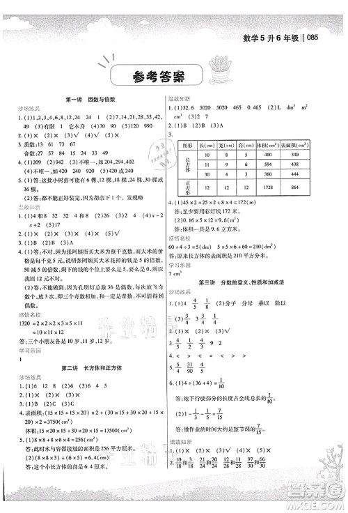 江苏凤凰美术出版社2021新概念小学年级衔接教材5升6年级数学答案