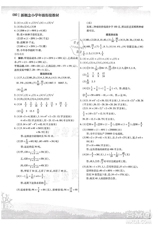 江苏凤凰美术出版社2021新概念小学年级衔接教材5升6年级数学答案