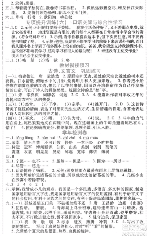 黑龙江美术出版社2021假期新思维期末暑假衔接五年级语文人教版参考答案