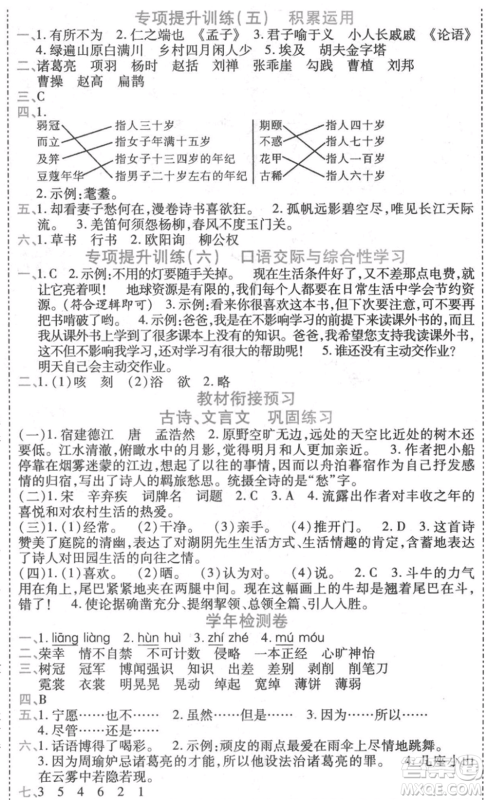 黑龙江美术出版社2021假期新思维期末暑假衔接五年级语文人教版参考答案