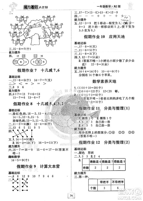 江西美术出版社2021魔力暑假A计划一年级数学RJ人教版答案