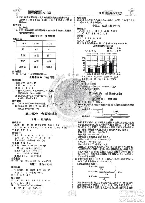 江西美术出版社2021魔力暑假A计划四年级数学RJ人教版答案