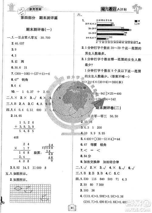 江西美术出版社2021魔力暑假A计划四年级数学RJ人教版答案