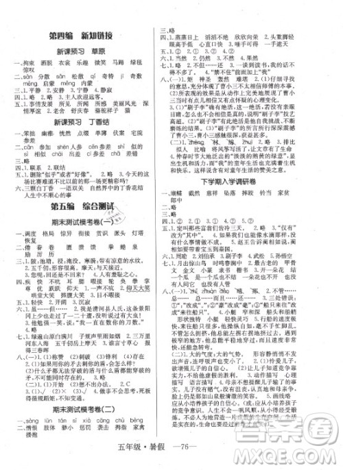 海南出版社2021高效A计划期末暑假衔接语文五年级RJ人教版答案