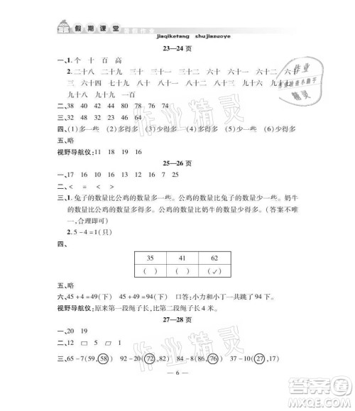 安徽人民出版社2021暑假作业假期课堂一年级数学人教版答案 安徽人民出版社2021暑假作业假期课堂一年级数学人教版答案