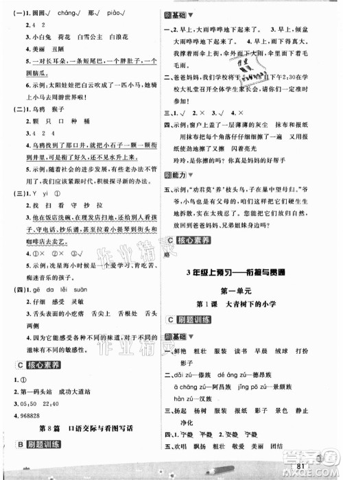 宁波出版社2021名师派暑假衔接2升3年级语文答案