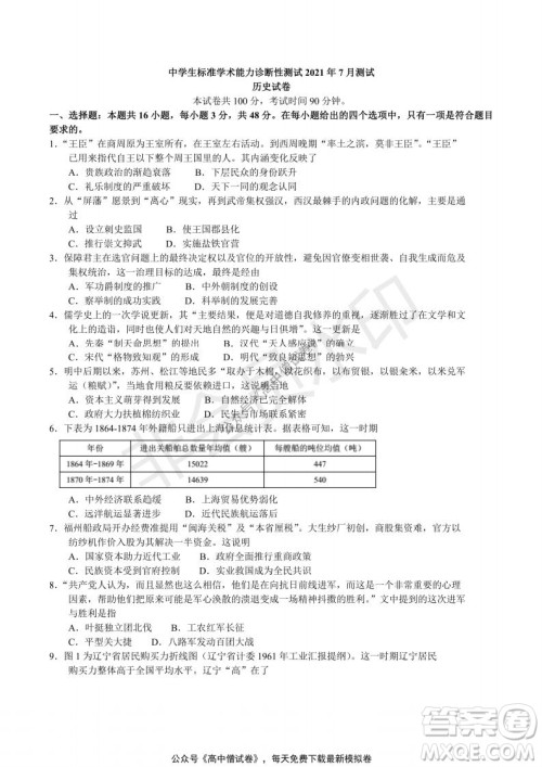 清华学术标准THUSSAT2021年7月诊断性测试历史试卷答案