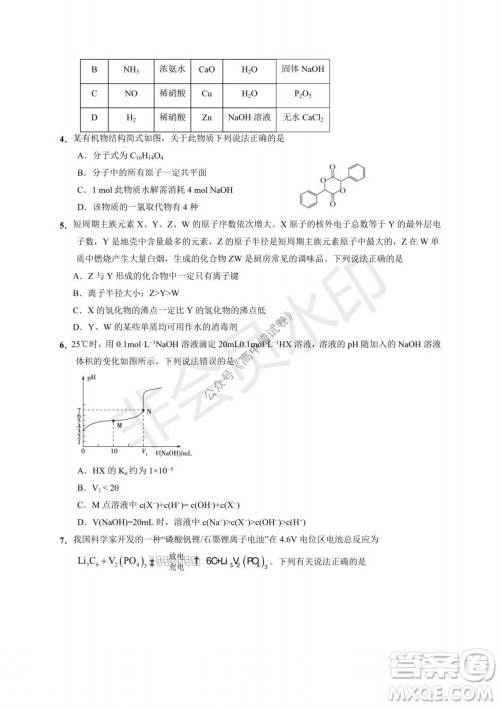 云南省云天化中学2022届高三上学期摸底测试化学试题及答案