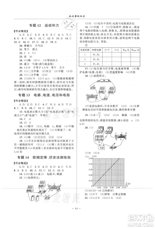 安徽人民出版社2021暑假作业八年级科学浙教版参考答案