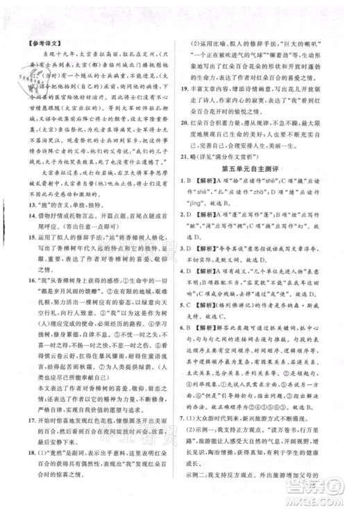 武汉大学出版社2021鲁人泰斗假期好时光暑假训练营八升九语文人教版参考答案