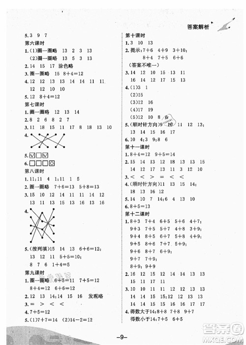 龙门书局2021黄冈小状元作业本一年级数学上册BS北师大版广东专版答案