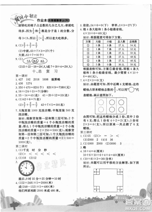 龙门书局2021黄冈小状元作业本三年级数学上册R人教版答案