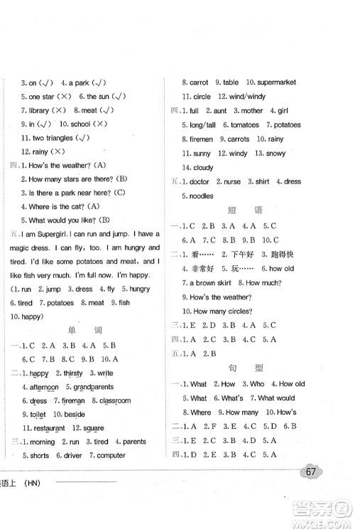 龙门书局2021黄冈小状元作业本四年级英语上册HN沪教牛津版答案