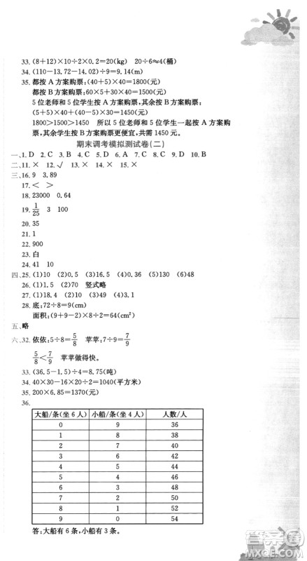 龙门书局2021黄冈小状元达标卷五年级数学上册BS北师大版答案