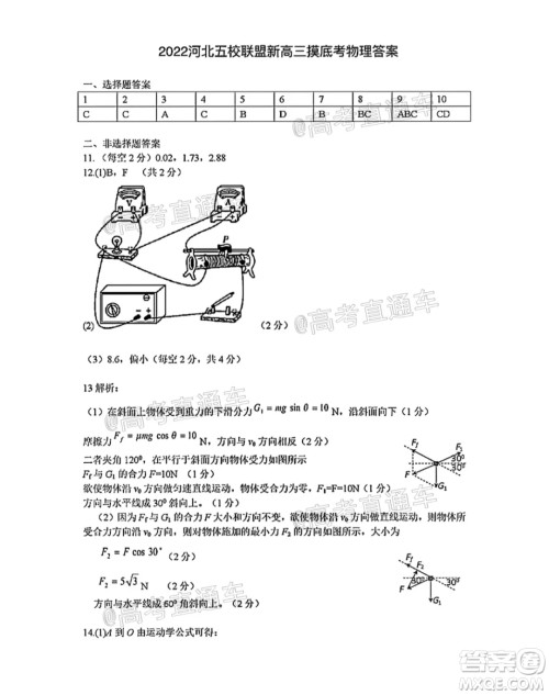 河北五校联盟2022届新高三摸底考试物理试题及答案