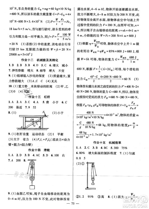 新疆青少年出版社2021暑假作业八年级物理人教版答案