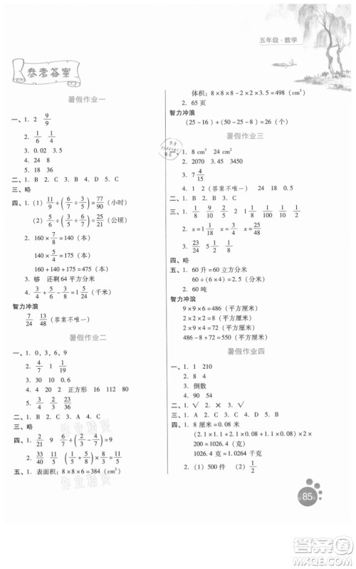 河北人民出版社2021暑假生活数学五年级冀教版沧州专版答案