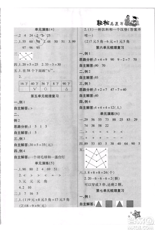 河北少年儿童出版社2021轻松总复习期末测试快乐暑假一年级数学人教版参考答案