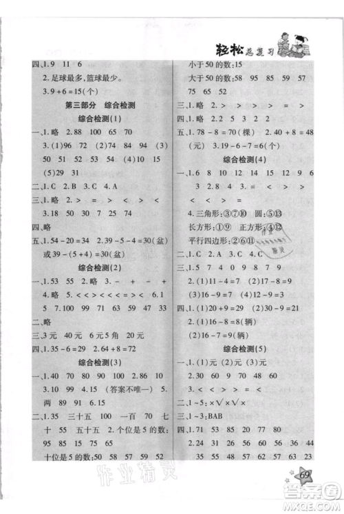 河北少年儿童出版社2021轻松总复习期末测试快乐暑假一年级数学人教版参考答案