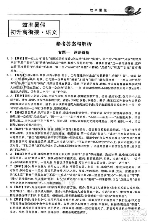 江苏人民出版社2021效率暑假初升高衔接语文答案