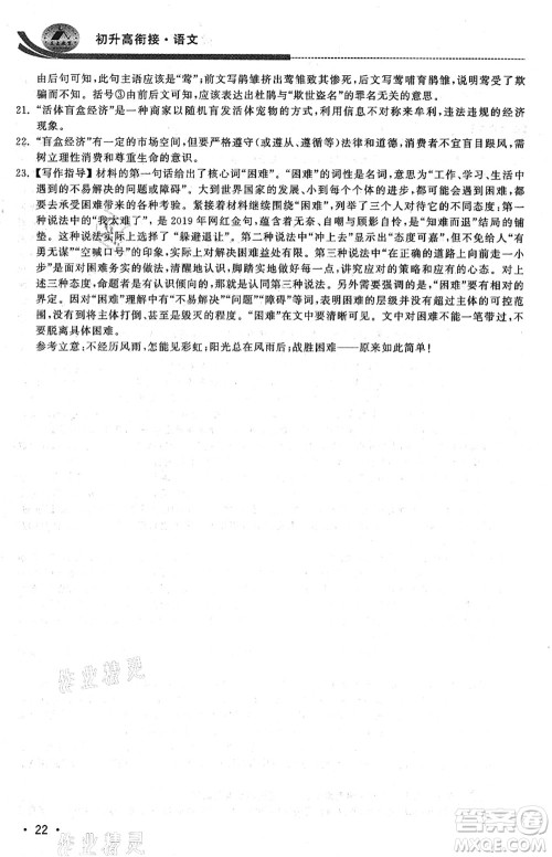 江苏人民出版社2021效率暑假初升高衔接语文答案