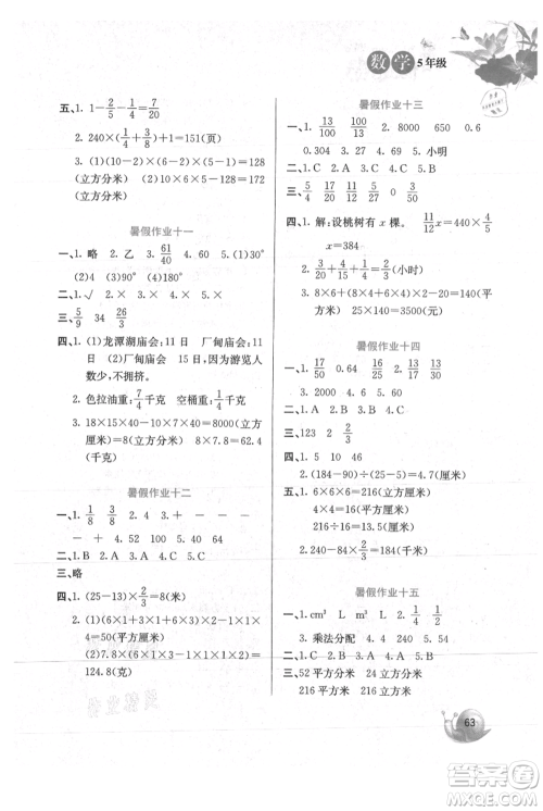 河北美术出版社2021暑假生活五年级数学冀教版参考答案