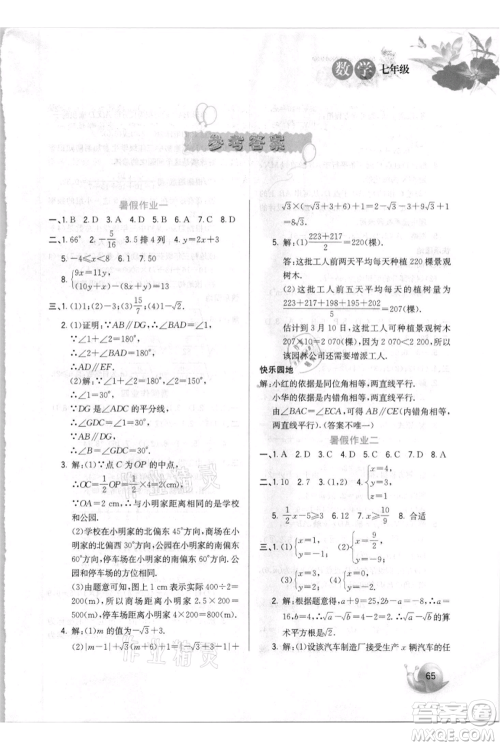 河北美术出版社2021暑假生活七年级数学参考答案