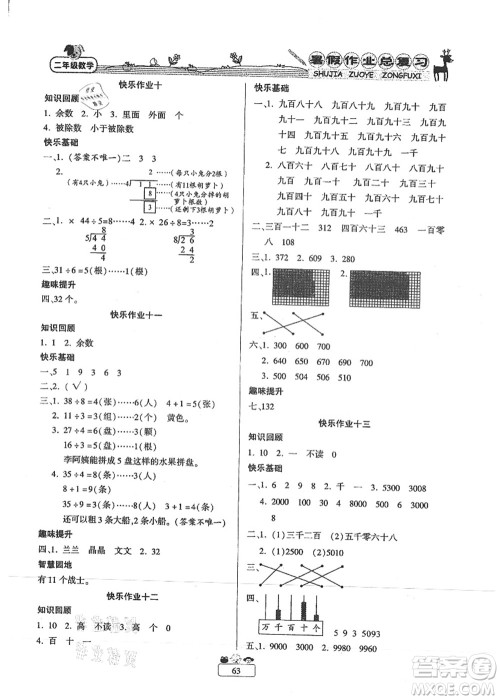 南方出版社2021快乐假期暑假作业总复习二年级数学RJ人教版答案