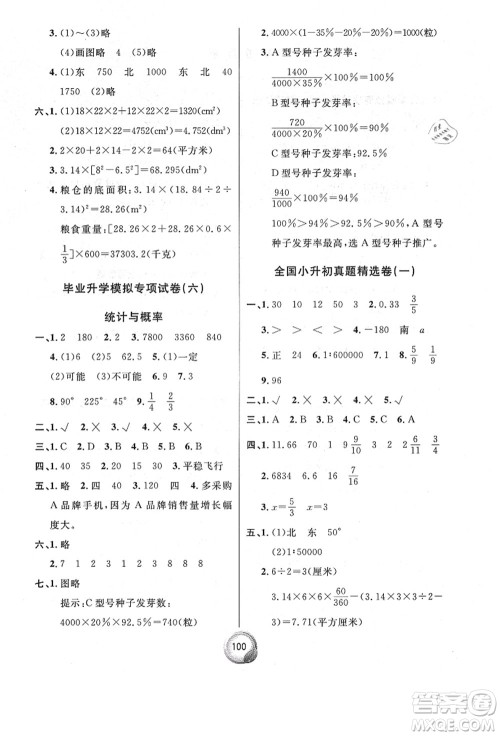 南方出版社2021毕业总复习小升初入学测试卷数学人教版答案