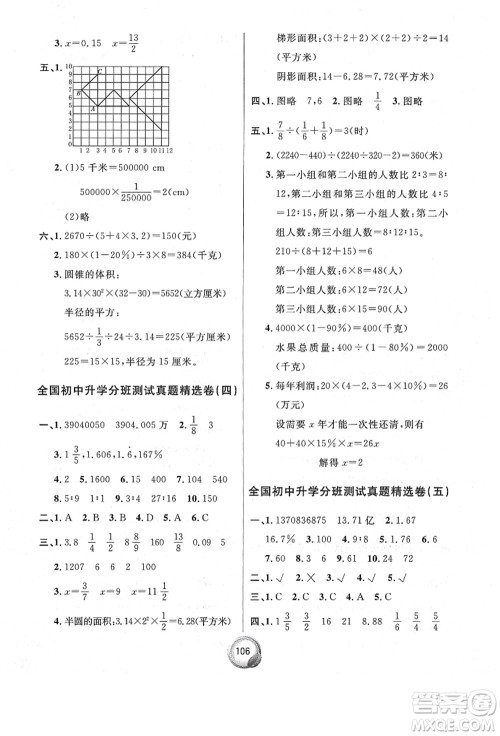 南方出版社2021毕业总复习小升初入学测试卷数学人教版答案