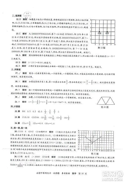 浙江工商大学出版社2021孟建平系列丛书小升初名校初一新生分班(摸底)考试卷数学答案