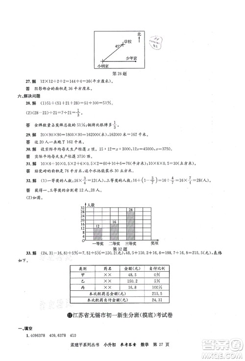 浙江工商大学出版社2021孟建平系列丛书小升初名校初一新生分班(摸底)考试卷数学答案