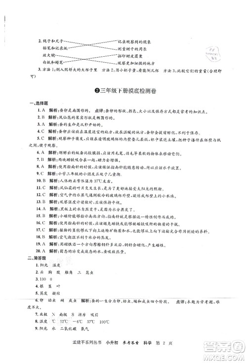 浙江工商大学出版社2021孟建平系列丛书小升初名校初一新生分班(摸底)考试卷科学答案