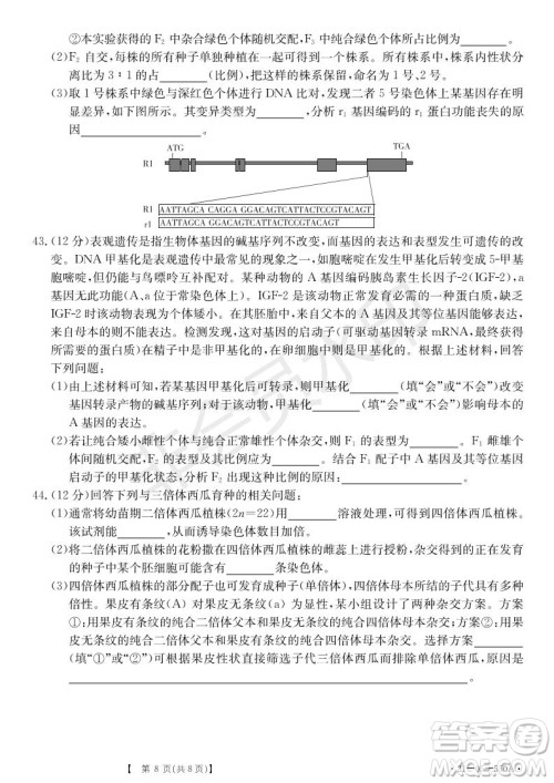 湖北省武汉大学附属中学2021年秋高二开学分班考试生物试题及答案