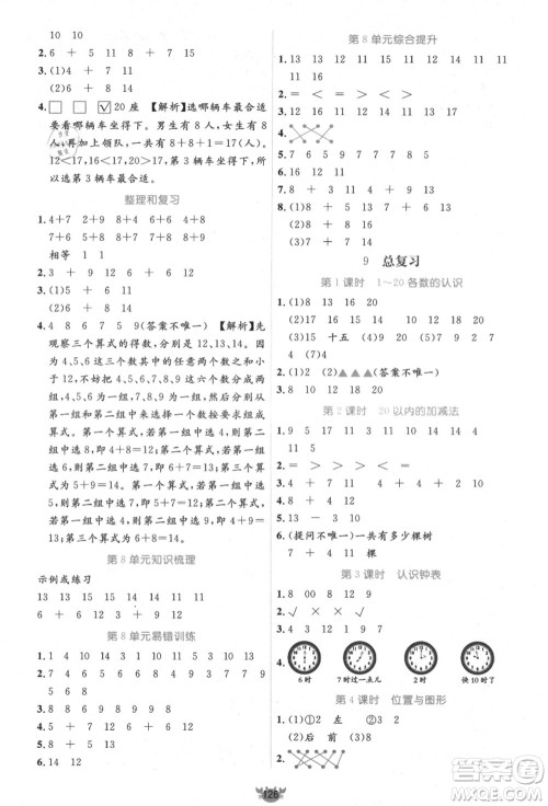 新疆青少年出版社2021秋原创新课堂一年级数学上册RJ人教版答案