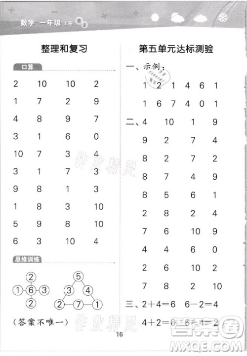 教育科学出版社2021秋季小儿郎小学口算大通关数学一年级上册人教版答案